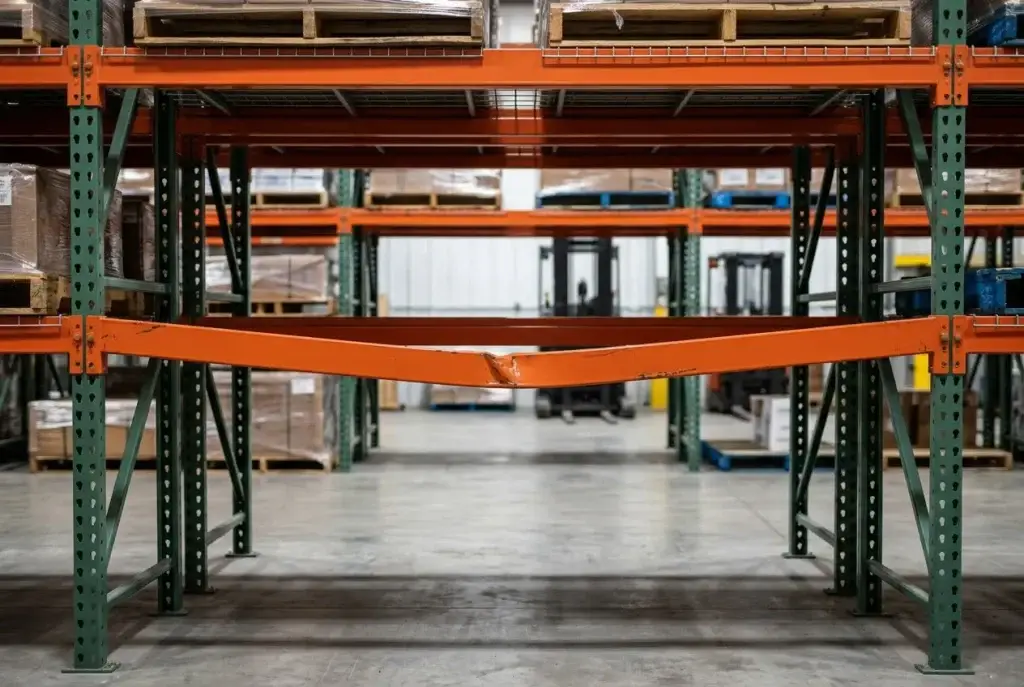 Damage of a bent beam on a pallet rack