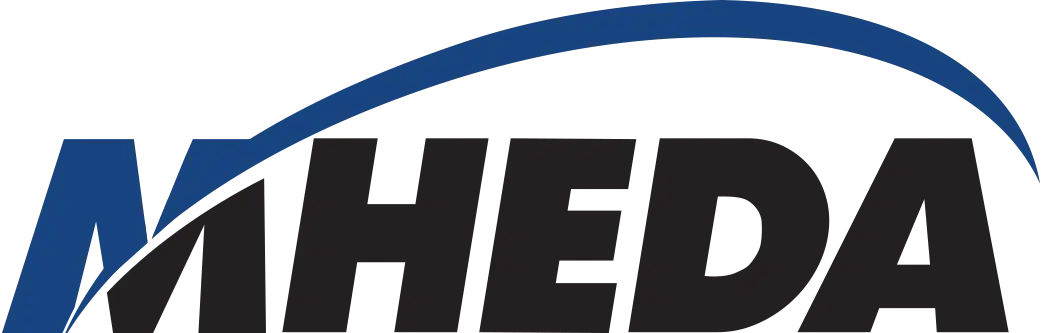 MHEDA logo: bold black letters with a blue curved arc overhead.