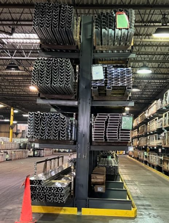Cantilever rack storing long metal materials in a warehouse