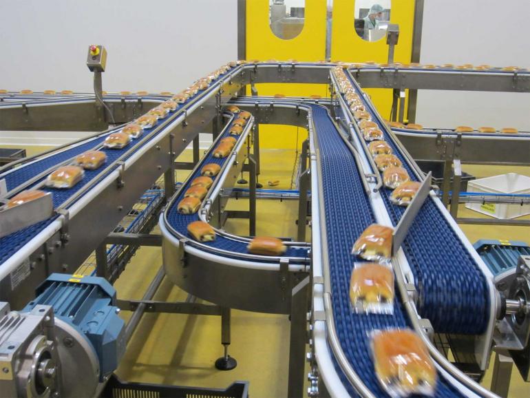 Food-grade sanitary conveyor in a food processing facility