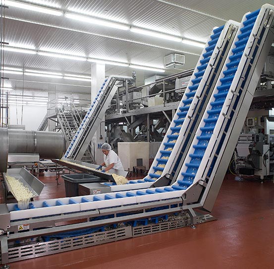 Incline conveyor connecting two levels of a facility